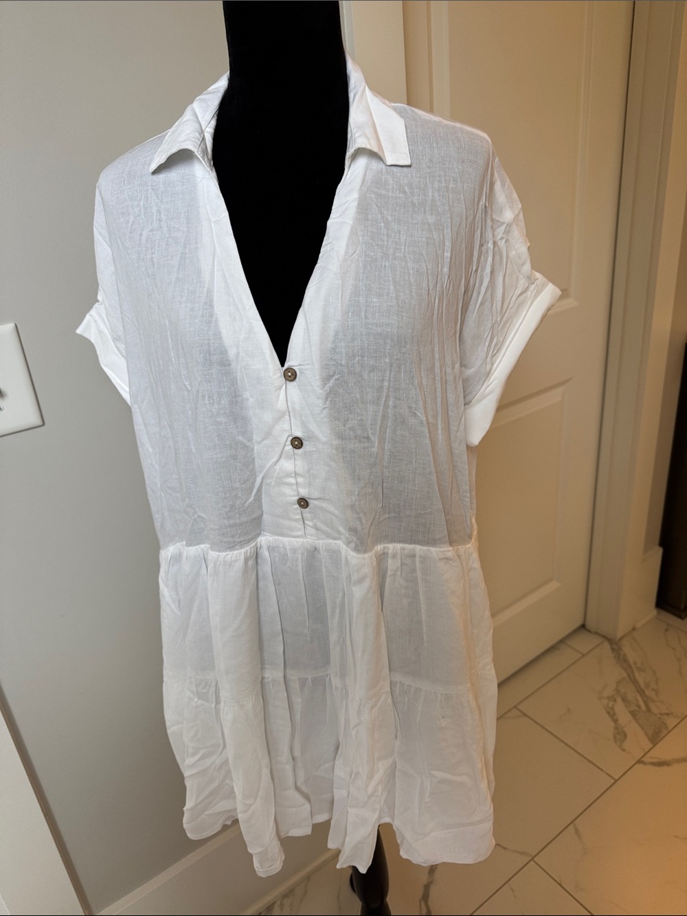White Lightweight Button-Front Swim Coverup